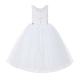 V-Back Lace Tulle Tutu Button Down Back Flower Girl Dress with Rhinestone Sash Communion Gown 212R4