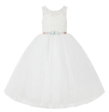 V-Back Illusion Lace Flower Girl Dresses with Rhinestone Ribbon for Formal Photoshoots 212R5thin