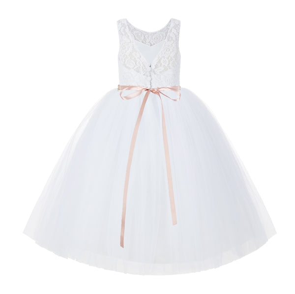 V-Back Illusion Lace Flower Girl Dresses with Rhinestone Ribbon for Formal Photoshoots 212R5thin