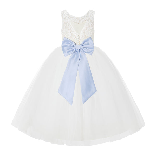 V-Back Ivory Lace Tulle Flower Girl Dress with Bow Sash Toddlers Baptism Mini Bridal Gown 212noFT(5)