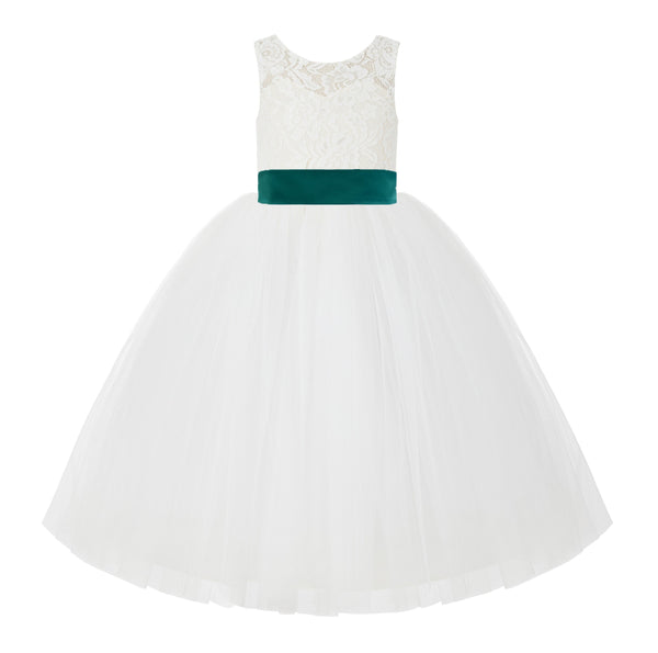 V-Back Ivory Lace Tulle Flower Girl Dress with Bow Sash Toddlers Baptism Mini Bridal Gown 212noFT(4)