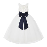 V-Back Ivory Lace Tulle Flower Girl Dress with Bow Sash Toddlers Baptism Mini Bridal Gown 212noFT(2)