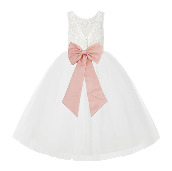 V-Back Ivory Lace Tulle Flower Girl Dress with Bow Sash Toddlers Baptism Mini Bridal Gown 212noFT(1)