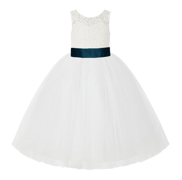 V-Back Ivory Lace Tulle Flower Girl Dress with Bow Sash Toddlers Baptism Mini Bridal Gown 212noFT(1)