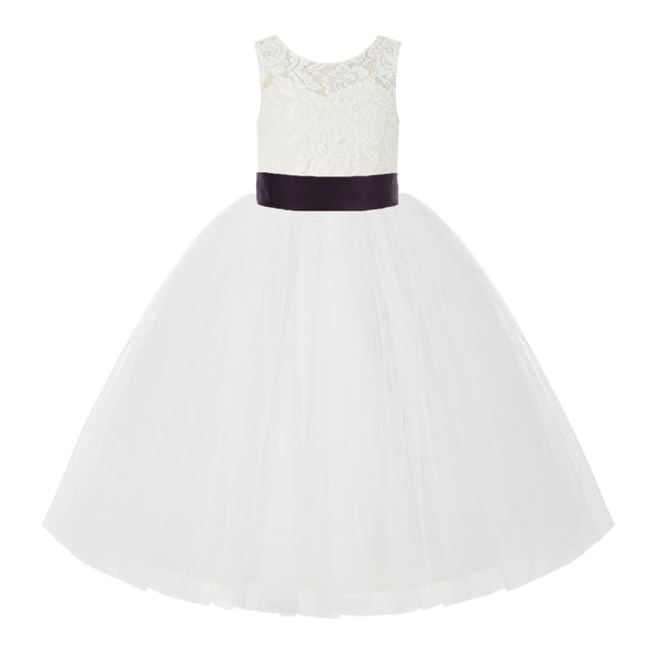 V-Back Ivory Lace Tulle Flower Girl Dress with Bow Sash Toddlers Baptism Mini Bridal Gown 212noFT(1)