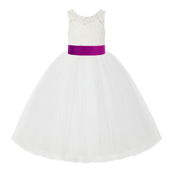 V-Back Ivory Lace Tulle Flower Girl Dress with Bow Sash Toddlers Baptism Mini Bridal Gown 212noFT(2)