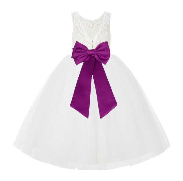 V-Back Ivory Lace Tulle Flower Girl Dress with Bow Sash Toddlers Baptism Mini Bridal Gown 212noFT(2)