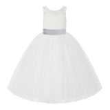 V-Back Ivory Lace Tulle Flower Girl Dress with Bow Sash Toddlers Baptism Mini Bridal Gown 212noFT(2)