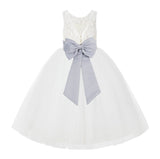 V-Back Ivory Lace Tulle Flower Girl Dress with Bow Sash Toddlers Baptism Mini Bridal Gown 212noFT(2)