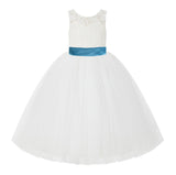 V-Back Ivory Lace Tulle Flower Girl Dress with Bow Sash Toddlers Baptism Mini Bridal Gown 212noFT(2)