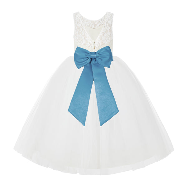 V-Back Ivory Lace Tulle Flower Girl Dress with Bow Sash Toddlers Baptism Mini Bridal Gown 212noFT(2)