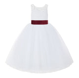 V-Back White Lace Tutu Flower Girl Dress with Tiebow for Wedding Pageant Gown Toddlers 212noFT(4)