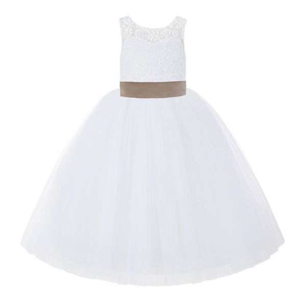 V-Back White Lace Tutu Flower Girl Dress with Tiebow for Wedding Pageant Gown Toddlers 212noFT(4)