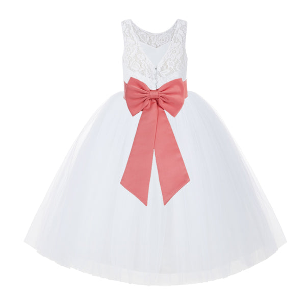 V-Back White Lace Tutu Flower Girl Dress with Tiebow for Wedding Pageant Gown Toddlers 212noFT(5)