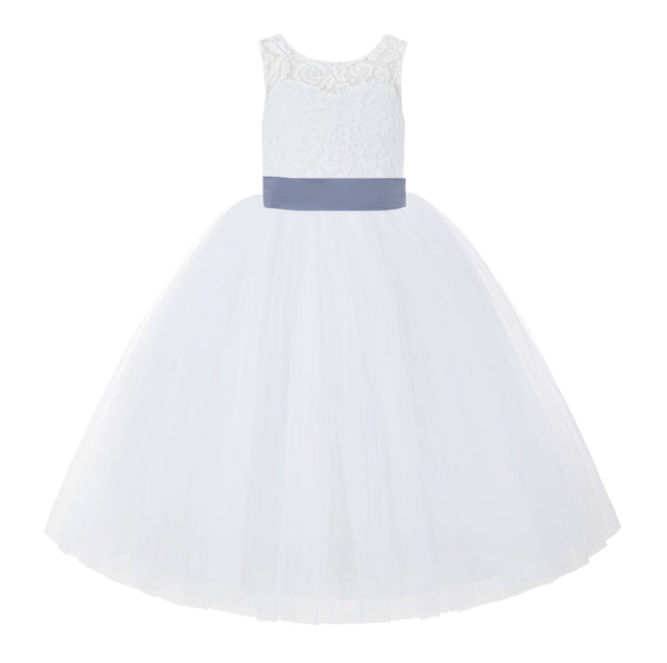 V-Back White Lace Tutu Flower Girl Dress with Tiebow for Wedding Pageant Gown Toddlers 212noFT(5)