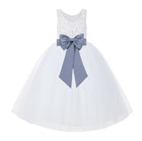 V-Back White Lace Tutu Flower Girl Dress with Tiebow for Wedding Pageant Gown Toddlers 212noFT(5)