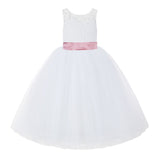 V-Back White Lace Tutu Flower Girl Dress with Tiebow for Wedding Pageant Gown Toddlers 212noFT(5)