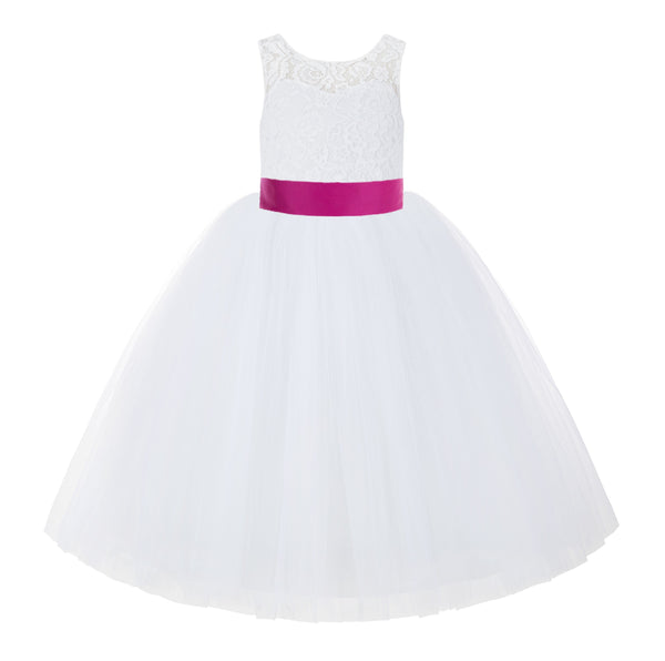 V-Back White Lace Tutu Flower Girl Dress with Tiebow for Wedding Pageant Gown Toddlers 212noFT(5)