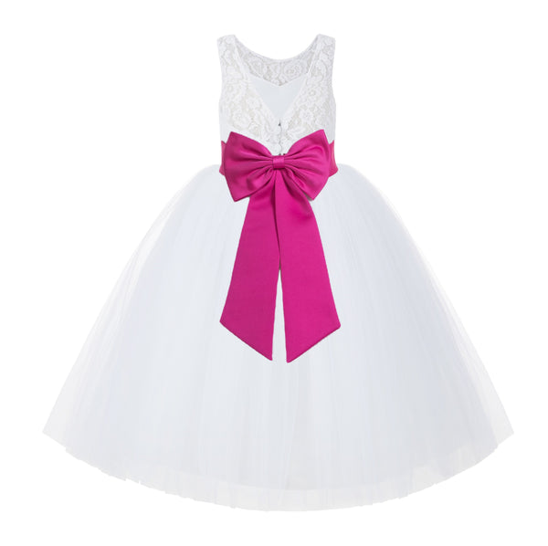 V-Back White Lace Tutu Flower Girl Dress with Tiebow for Wedding Pageant Gown Toddlers 212noFT(5)