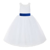 V-Back White Lace Tutu Flower Girl Dress with Tiebow for Wedding Pageant Gown Toddlers 212noFT(5)