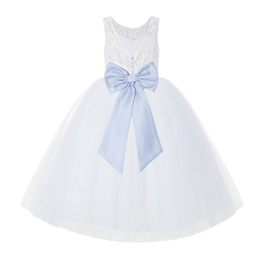 V-Back White Lace Tutu Flower Girl Dress w/ Tiebow Wedding 212noFT(5) White / Ice Blue / 8 V-Back White Lace Tutu Flower Girl Dress w/ Tiebow Wedding 212noFT(5) White / Ice Blue / 8