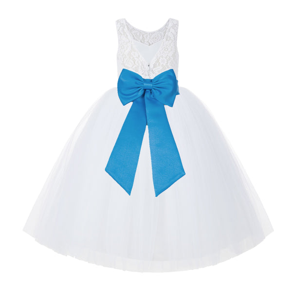 V-Back White Lace Tutu Flower Girl Dress with Tiebow for Wedding Pageant Gown Toddlers 212noFT(2)