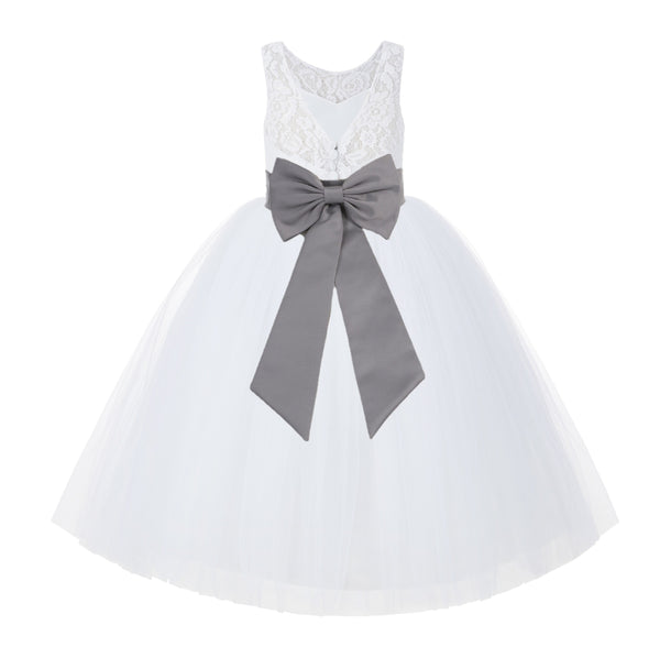 V-Back White Lace Tutu Flower Girl Dress with Tiebow for Wedding Pageant Gown Toddlers 212noFT(1)