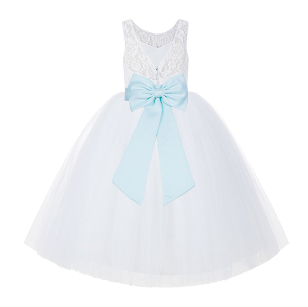 V-Back White Lace Tutu Flower Girl Dress with Tiebow for Wedding Pageant Gown Toddlers 212noFT(1)