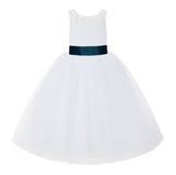 V-Back White Lace Tutu Flower Girl Dress with Tiebow for Wedding Pageant Gown Toddlers 212noFT(1)