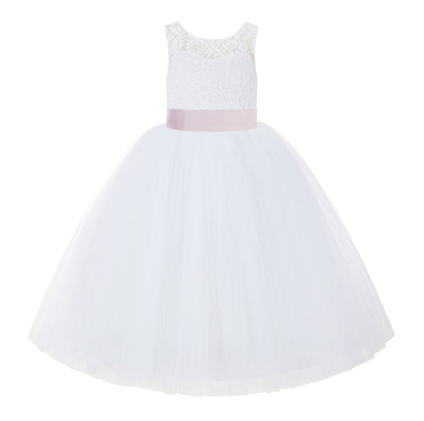 V-Back White Lace Tutu Flower Girl Dress with Tiebow for Wedding Pageant Gown Toddlers 212noFT(1)