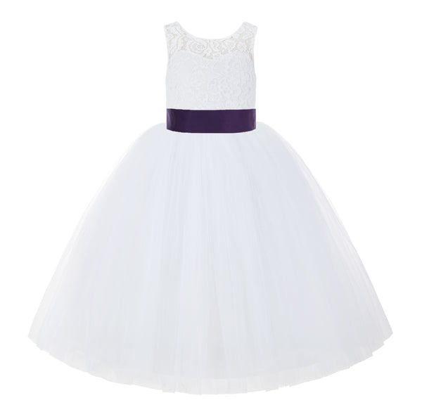 V-Back White Lace Tutu Flower Girl Dress with Tiebow for Wedding Pageant Gown Toddlers 212noFT(2)