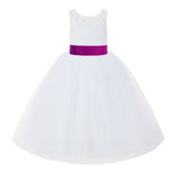 V-Back White Lace Tutu Flower Girl Dress with Tiebow for Wedding Pageant Gown Toddlers 212noFT(2)