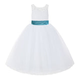 V-Back White Lace Tutu Flower Girl Dress with Tiebow for Wedding Pageant Gown Toddlers 212noFT(2)