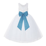 V-Back White Lace Tutu Flower Girl Dress with Tiebow for Wedding Pageant Gown Toddlers 212noFT(2)