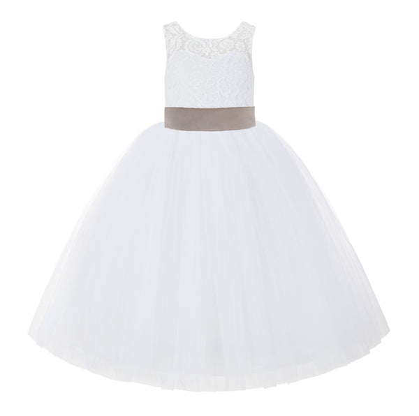 V-Back White Lace Tutu Flower Girl Dress with Tiebow for Wedding Pageant Gown Toddlers 212noFT(4)