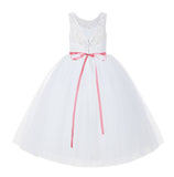 V-Back Lace Tulle Tutu Button Down Back Flower Girl Dress with Rhinestone Sash Communion Gown 212R4