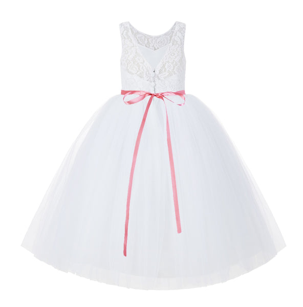 V-Back Lace Tulle Tutu Button Down Back Flower Girl Dress with Rhinestone Sash Communion Gown 212R4