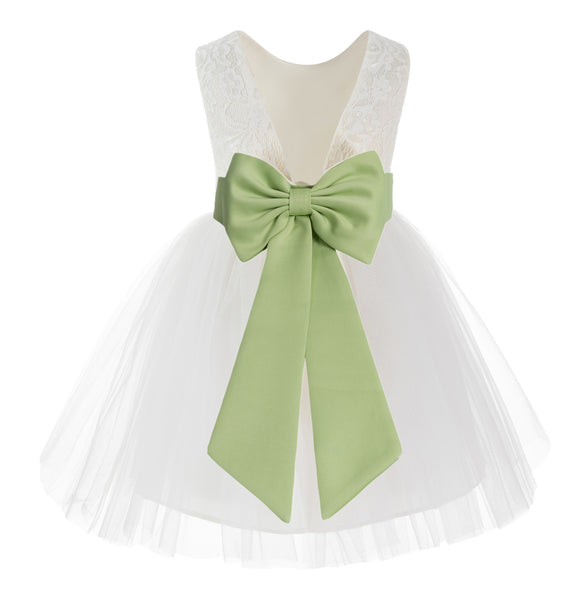 Knee Length Backless Ivory Lace Flower Girl Dress with Tiebow Dance Recital for Toddlers 206T(4)