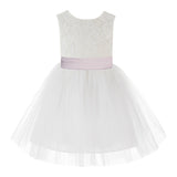 Knee Length Backless Ivory Lace Flower Girl Dress with Tiebow Dance Recital for Toddlers 206T(4)