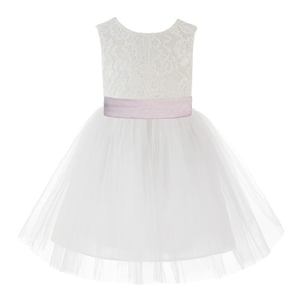 Knee Length Backless Ivory Lace Flower Girl Dress with Tiebow Dance Recital for Toddlers 206T(4)