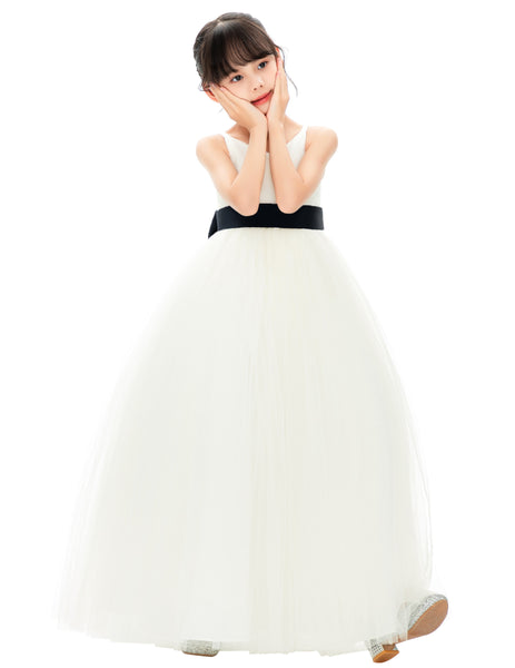 V-Neck Ivory Tulle Flower Girl Dress with Tiebow for Special Occasions Junior Bridesmaid 218noFT(1)