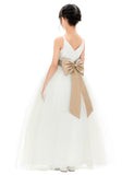 V-Neck Ivory Tulle Flower Girl Dress with Tiebow for Special Occasions Junior Bridesmaid 218noFT(1)