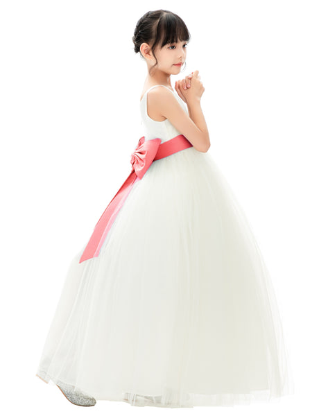 V-Neck Ivory Tulle Flower Girl Dress with Tiebow for Special Occasions Junior Bridesmaid 218noFT(1)