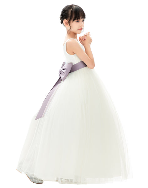 V-Neck Ivory Tulle Flower Girl Dress with Tiebow for Special Occasions Junior Bridesmaid 218noFT(1)