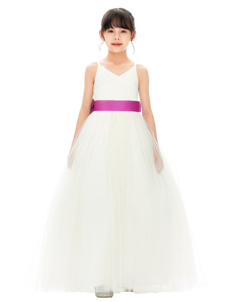 V-Neck Ivory Tulle Flower Girl Dress with Tiebow for Special Occasions Junior Bridesmaid 218noFT(2)