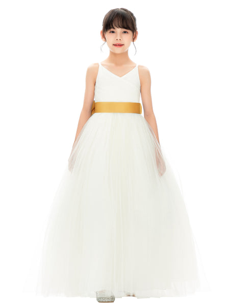 V-Neck Ivory Tulle Flower Girl Dress with Tiebow for Special Occasions Junior Bridesmaid 218noFT(2)