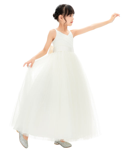 V-Neck Ivory Tulle Flower Girl Dress with Tiebow for Special Occasions Junior Bridesmaid 218noFT(2)