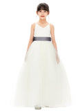 V-Neck Ivory Tulle Flower Girl Dress with Tiebow for Special Occasions Junior Bridesmaid 218noFT(2)