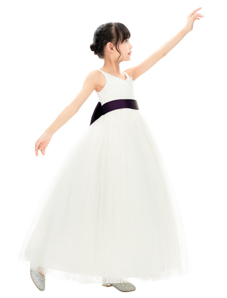 V-Neck Ivory Tulle Flower Girl Dress with Tiebow for Special Occasions Junior Bridesmaid 218noFT(3)