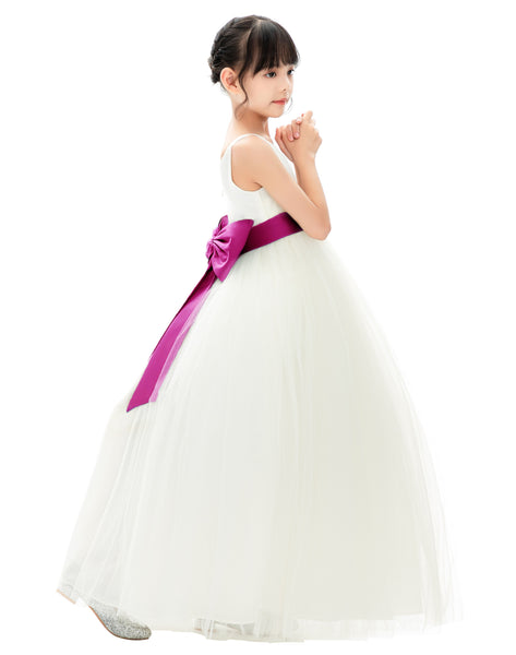 V-Neck Ivory Tulle Flower Girl Dress with Tiebow for Special Occasions Junior Bridesmaid 218noFT(3)